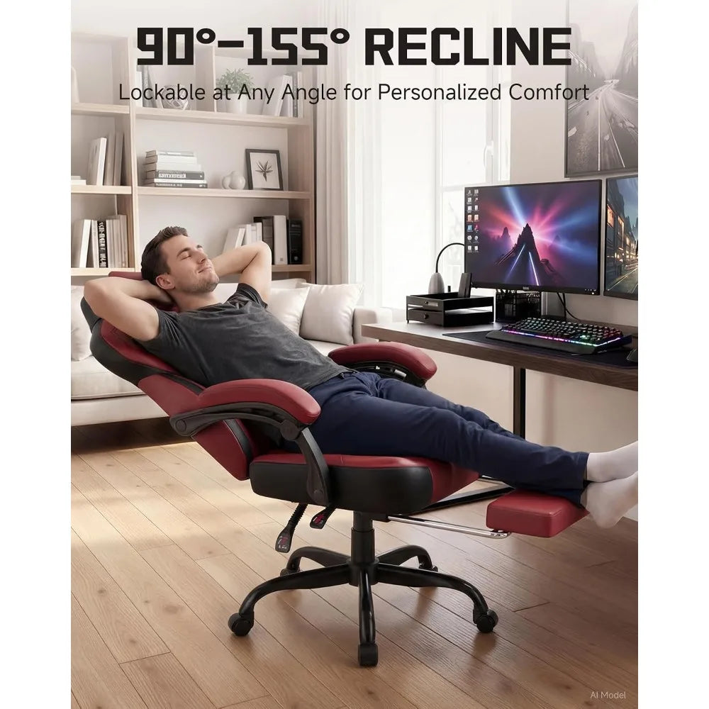 GTPLAYER Ergonomic Gaming Chair, High Back with Footrest, Wide Seat, Lumbar Support, Wine Red | Kimlud Gaming Luxury Chair