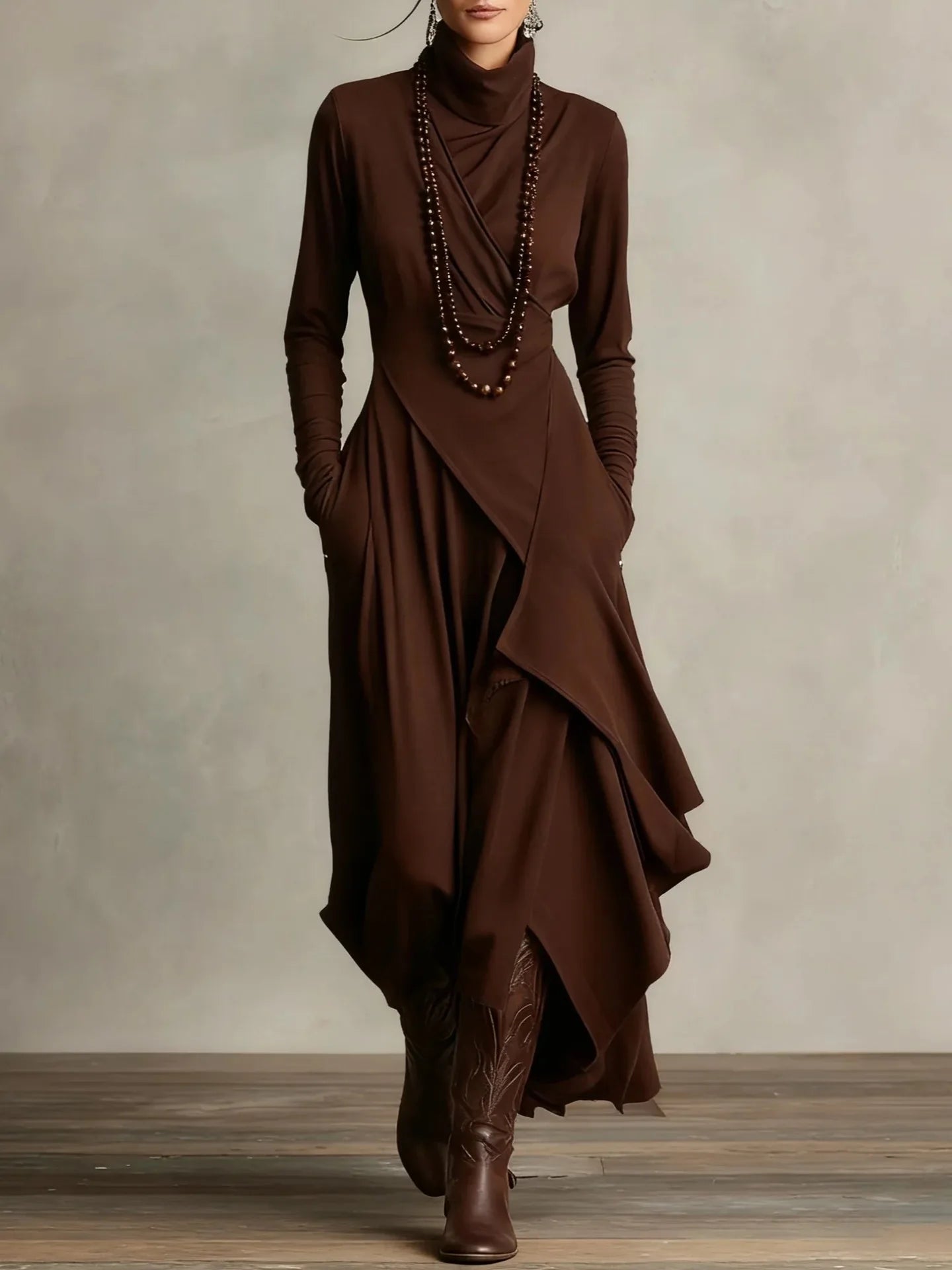 Vintage Irregular Cross Dress for Women Long Sleeve Solid Turtleneck Simple Fashion Casual Spring Holiday Long Dresses - Kimlud