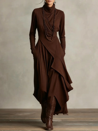 Vintage Irregular Cross Dress for Women Long Sleeve Solid Turtleneck Simple Fashion Casual Spring Holiday Long Dresses - Kimlud