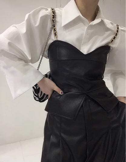 Spring Loose Bubble Sleeved Shirt Y2k White Shirts Women Chain PU Leather Vest Top Blusas Mujer De Moda 2024 Casual 2 Sets - Kimlud