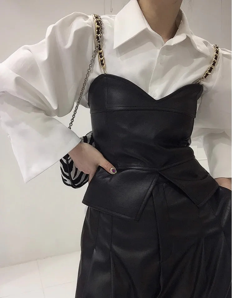 Spring Loose Bubble Sleeved Shirt Y2k White Shirts Women Chain PU Leather Vest Top Blusas Mujer De Moda 2024 Casual 2 Sets - Kimlud