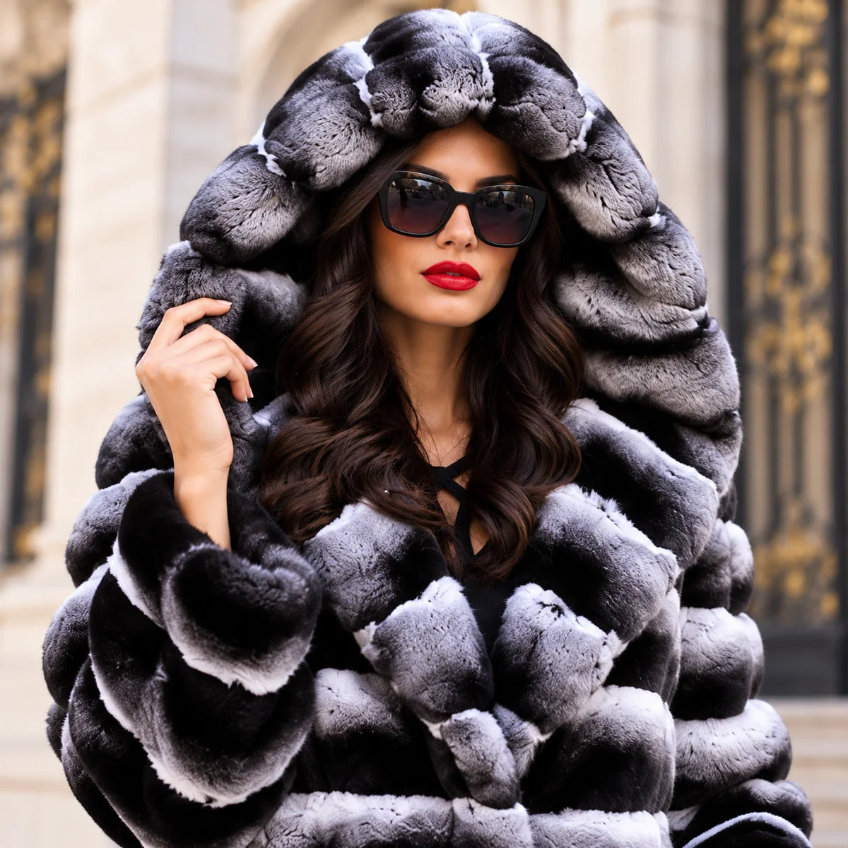 Women's Luxury Long Fur Coat Hooded Black Grey Gradient Winter Warm Thick Plush Jacket Elegant Fashion Outerwear