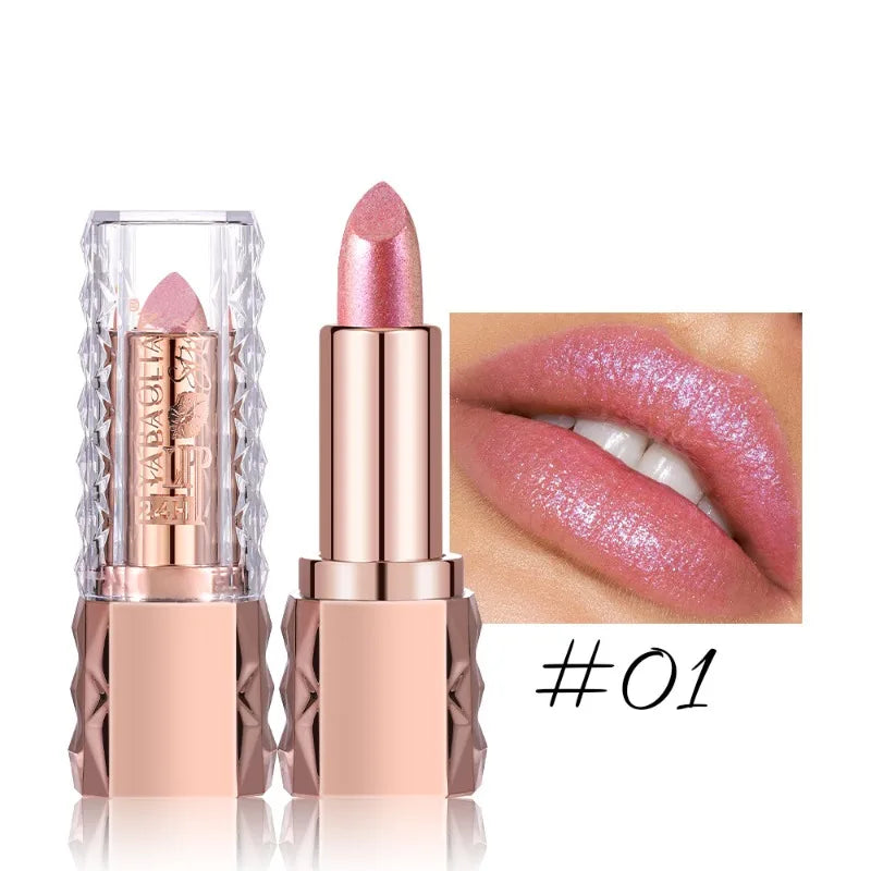 Pink Luxurious Metallic Glitter Lipstick Lasting Waterproof Shimmery Pearl Sparkling Hydrating Lipstick Women Makeup Cosmetic