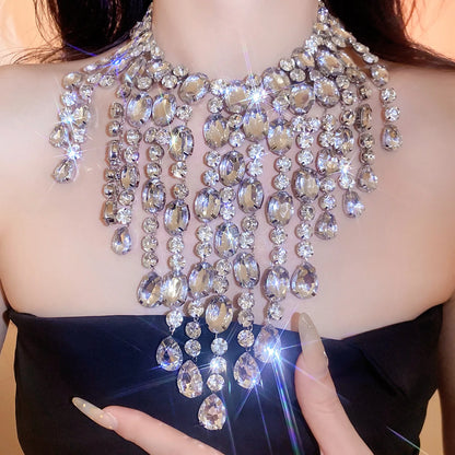 Luxury Tassel Water Drop Rhinestone Choker Necklace for Women Oversized Sparkly Elegant Evening Party Wedding Statement...