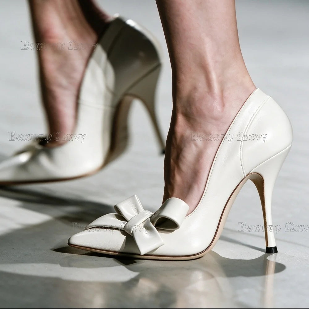Red Bow Knot Pumps Pointed Toe Women Shoes Solid Slip on Thin High Heel Shoes for Girls Zapatos Para Hombres