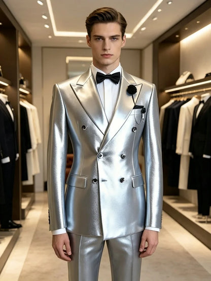 Men's Business Casual Blazer Double Breasted Silver Metallic Peak Lapel Slim Fit Formal Tuxedo Wedding Party Stage...
