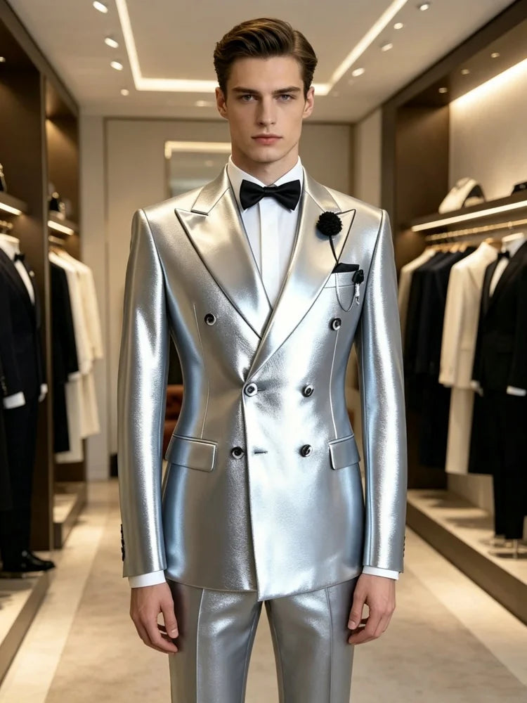 Men's Business Casual Blazer Double Breasted Silver Metallic Peak Lapel Slim Fit Formal Tuxedo Wedding Party Stage...
