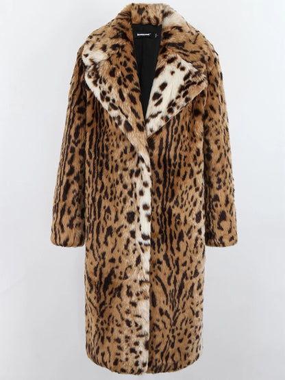 Nerazzurri Winter Long Loose Luxury Thick Warm Soft Fluffy Leopard Print Faux Fur Coat Women Lapel Runway European Fashion 2022