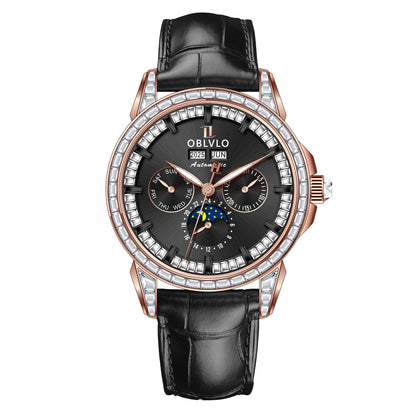 OBLVLO Men's Fashion Automatic Watch Colorful Zircon Moonphase Mechanical Multifunctional Black Leather Strap Timepiece...