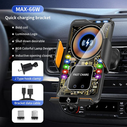 Max 66W Magnetic 15W Car Wireless Charger Fast Charging Auto-Clamping RGB Light Phone Holder Stand Bracket For iPhone Samsung