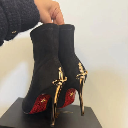 Elegant Short Boots High Boots Velvet Surface Red Bottom High Heels Ladies Fashion Metal Staff Boots Winter Youth Spring