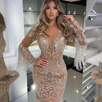 2025 New Spring Cross-Border Women's Evening Dress Long Sexy Elegant Fringed Gold-Sprinkled Mermaid Gown For Wedding