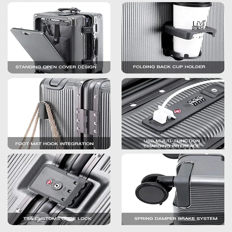 Premium PC Wide Trolley Luggage Front Opening Multi-Functional Women's 20-Inch Boarding Box and Men's 24-Inch Suitcase...