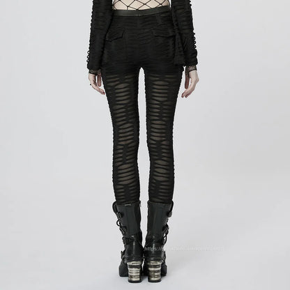 PUNK RAVE Women's Gothic Decayed Slim-fit Leggings Punk Meta Eyelets Webbing Personality Thin Black Pants Spring/summer