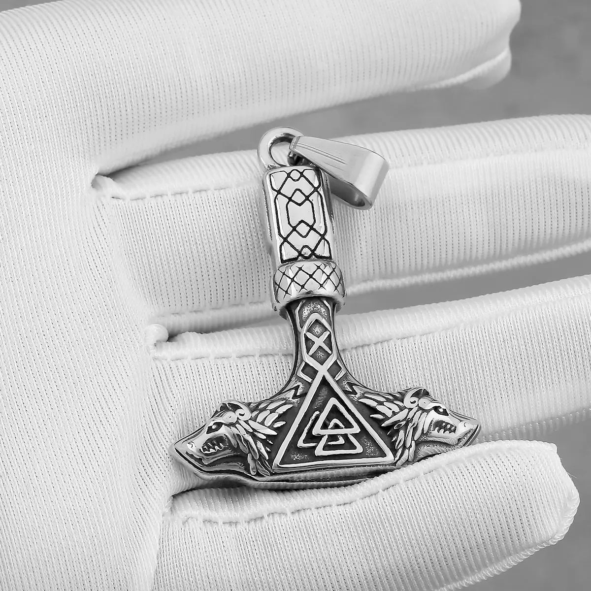 Vintage Viking Wolf Head Thor's Hammer Necklace Men Nordic Valknut Odin Symbol Pendant Necklace Fashion Stainless Steel Jewelry
