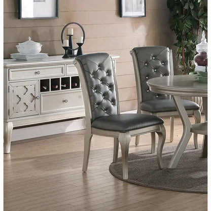 7pc Rect. Glass Dining Table Set w/ Silver Hue & 6 Tufted Side Chairs for Dining Room - Kimlud