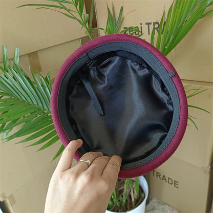 Vintage Hard Top Flat Fedoras Hats Women 100% Wool Felt Berets Hat Wedding Fascinator Caps Wedding Cocktail Party...