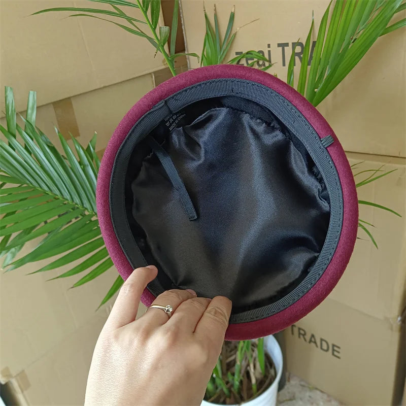 Vintage Hard Top Flat Fedoras Hats Women 100% Wool Felt Berets Hat Wedding Fascinator Caps Wedding Cocktail Party...