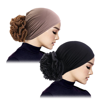 Women's Hijabs Turban Big Flower Elastic Cloth Hair Bands Hat Beanie Ladies Muslim Solid Hair Loss Scarf Cap Hair Accessories