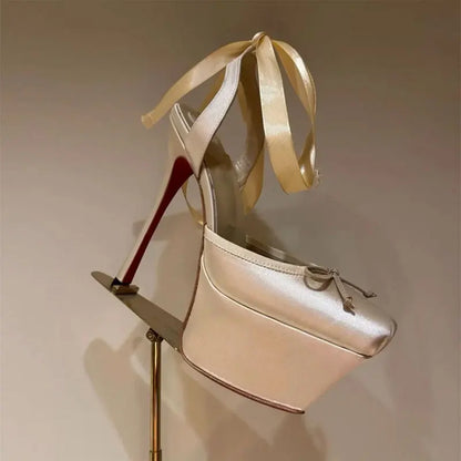 New 2026 Woman's Lace-Up High Heeled Shoes Square Toe Thin Heels Platform Pumps Mujer Pleated Slingback Wedding Luxury Sandals