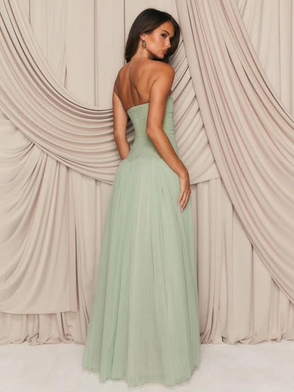 Sexy Sleeveless Mesh Patchwork Long Dress Women Light Green Strapless Slim A Line Dresses Celebrity Evening Club Party...