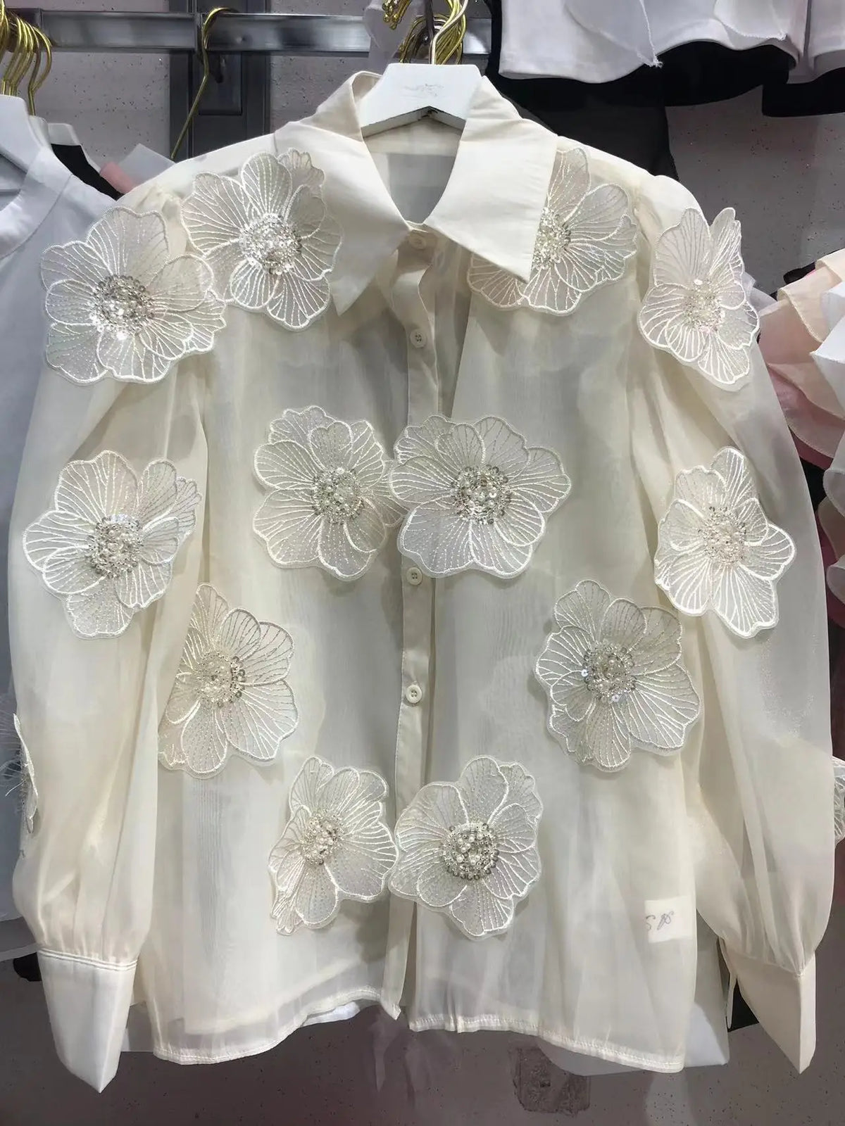 2024 Spring Summer Long Sleeve Sequins Petals Applique White Beige Mesh Shirts and Blouses For Women Sexy See- through...
