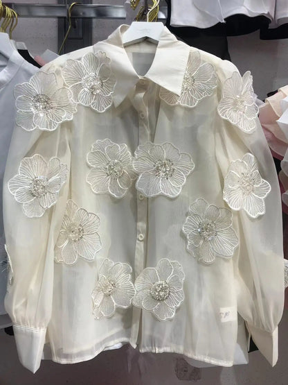 2024 Spring Summer Long Sleeve Sequins Petals Applique White Beige Mesh Shirts and Blouses For Women Sexy See- through...