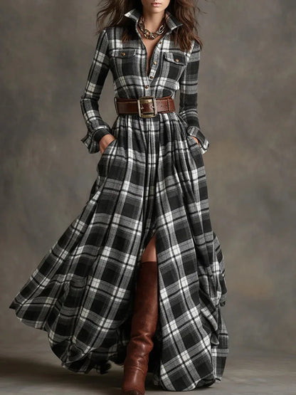 2025 Retro Plaid Print Slit Long Dresses Woman Elegant Turn-down Collar Button Maxi Dress Autumn Long Sleeve Pocket Boho Dress