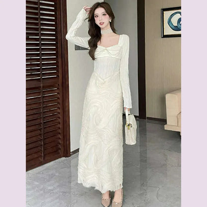 French Romantic Beige Textured Patchwork Design Elegant Square Neck Appliques Slim Elastic Knit Dress