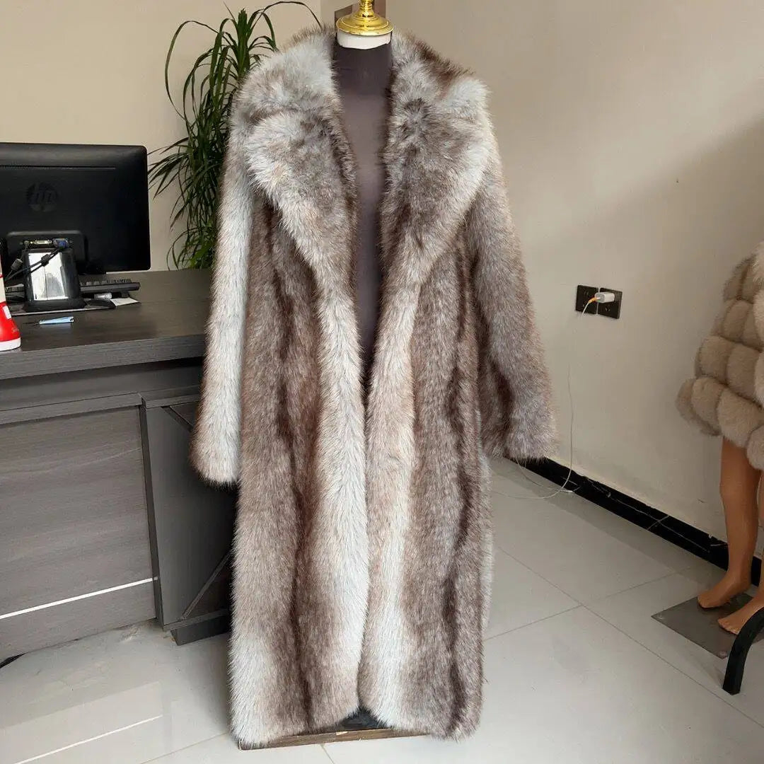 LHXDW New Style Women's Faux Fur Coat Long Waistband Design New Style with Black Imprint and Large Collar Faux Fur Jacket - Kimlud