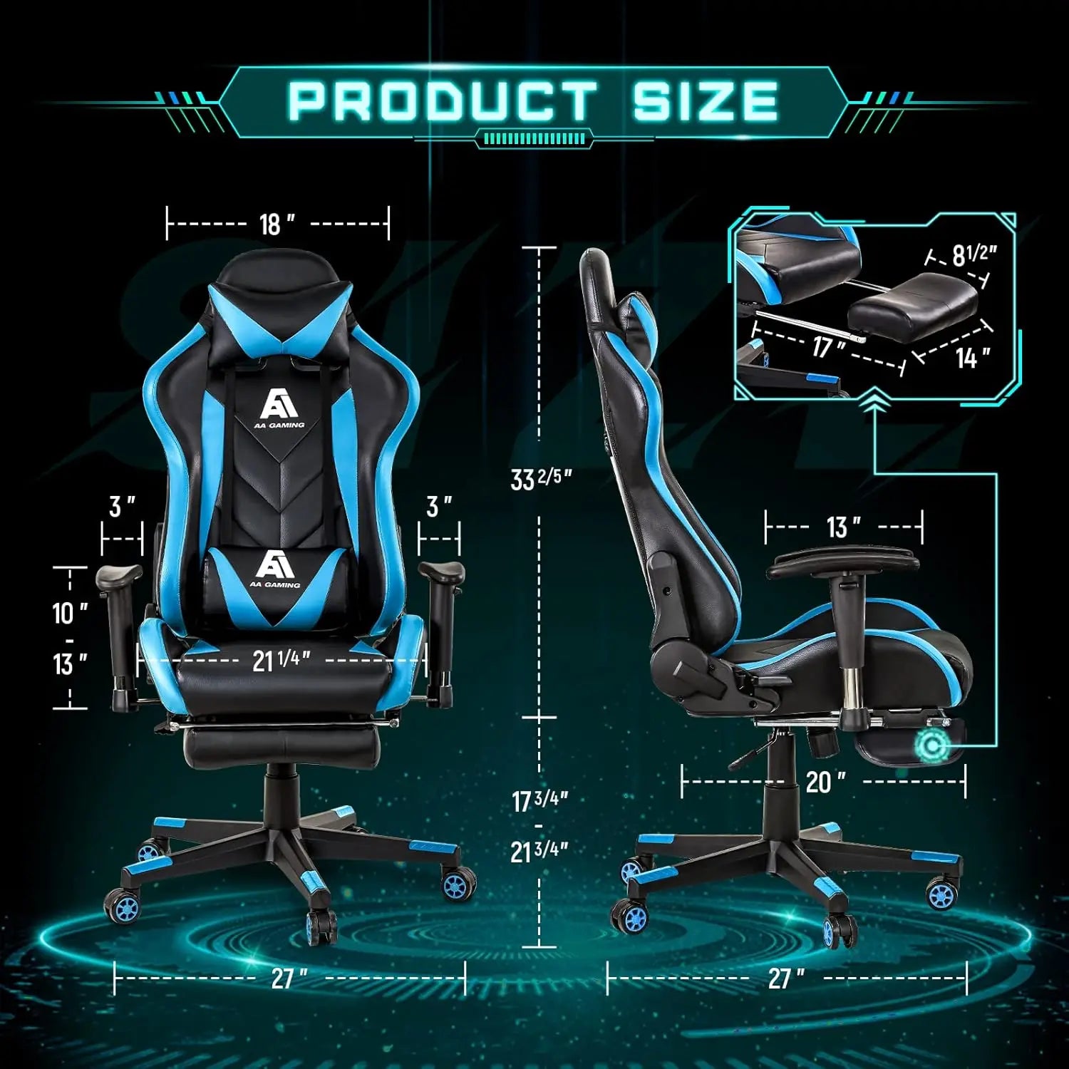 Ergonomic Gaming Chair with High Back, Adjustable Footrest and Lumbar Support - Blue