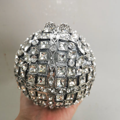 Woman Silver Crystal Stone Ball Shape Evening Bag Banquet Birthday Party Gift Lady Handbag Wedding Bridal Diamond Hollow Purse - Kimlud