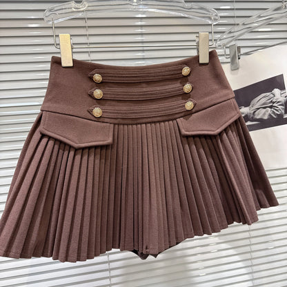 DEAT Trendy 2026 Autumn New Elegant Double Breasted Faux Woolen High-Waisted Pleated Skirt For Women A-line Skirts 11C320