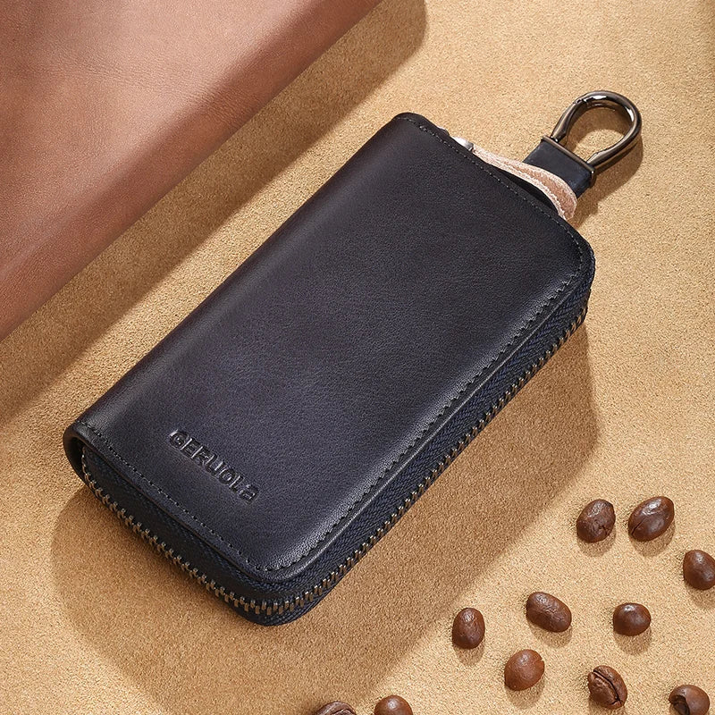 Men'S Key Holder with 2 Card Slots + 1 ID Key Clip + 6 Key Rings + 1 Car Key Chain, Genuine Leather Large Capacity Multi-Car