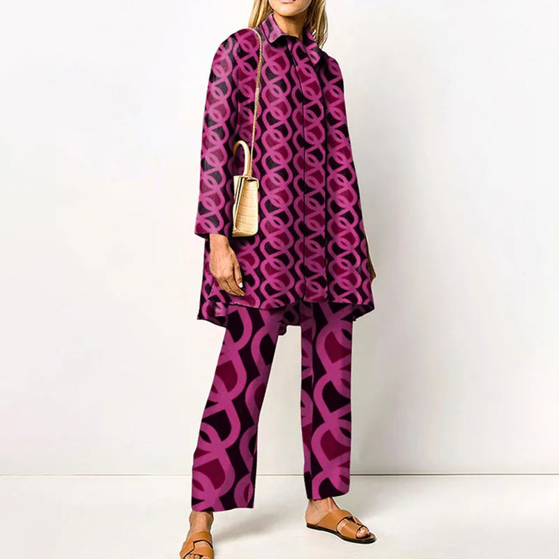 Autumn New Vintage Printed Pant Sets Women Long Shirts And Wide Legs Trousers Two Piece Set Fashion Trendy Streetwear Lady Suits