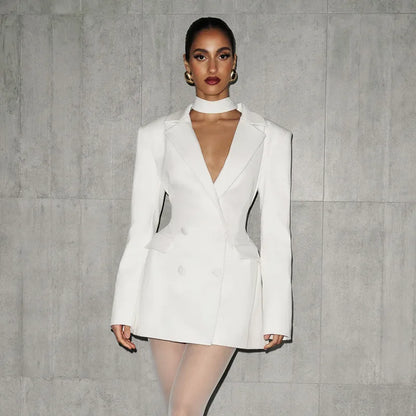 Nsauye Elegant A-Line Short Fashion Evening Black Blazer V Neck Dress Women Winter Clothes Outfits Sexy Night Club Party Dress