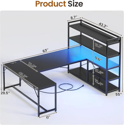 63'' L-Shaped Gaming Desk with LED Lights, Power Outlet & Storage Shelves - Reversible Corner Desk for Home Office |...