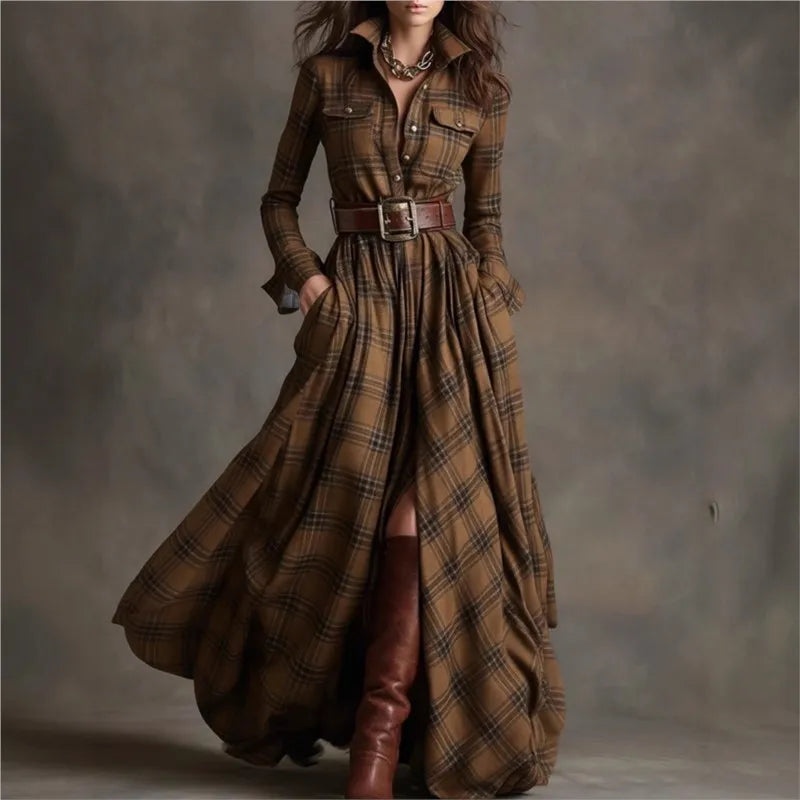 Leisure Grid Printed Long Sleeve Shirts Dress Autumn New Long Sleeve Pocket Dress Elegant Ladies Loose Pleated Commute Dresses