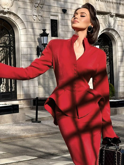 Weird Puss Elegant Office 2-Piece Set Women Classic Autumn trend Single Breasted Ruffled Jacket+Peach Hip Mid Skirt Slim Outfits