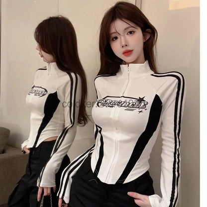 Y2K Korean Vintage Streetwear Women Fashion Letter Print Long Sleeves Sve T-shirt Harajuku Egirl Tops Hot Girl Slim Crop Tops
