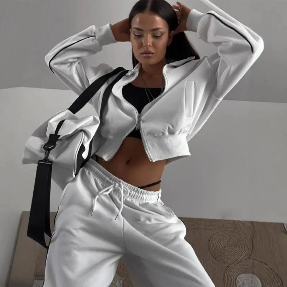 Casual Fashion Suit Ladies Zipper Cardigan Jacket Sports Tether Trousers Two-Piece Ladies Street Style Suit - Kimlud