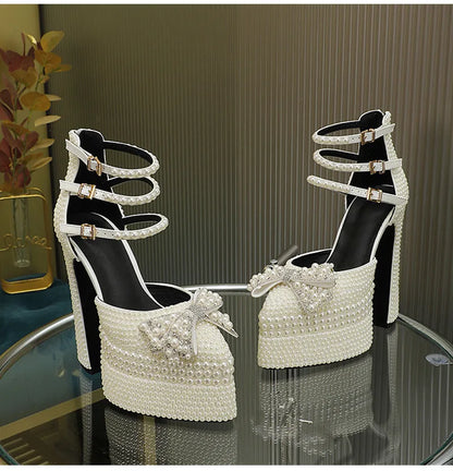 Luxury Handmade Full Pearls Rhinestones Bowknot Women Pumps Fashion Ankle Strap Platform Wedges High heels Banquet Wedding Shoes