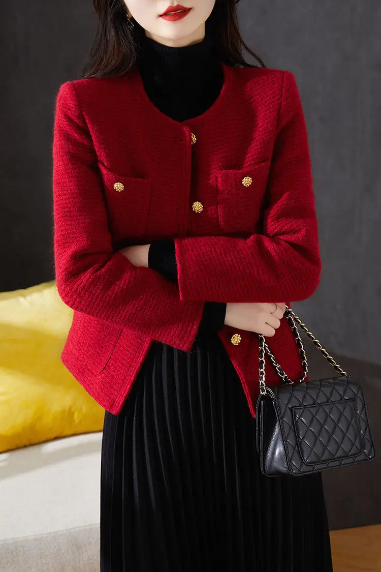 Women's Spring Autumn New Red White Fragrant Coat Chic Outerwear Tops High Street French Fashion