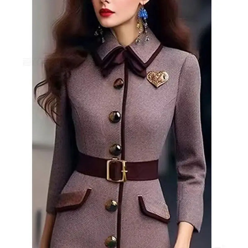 Autumn Winter Elegant Office Lady Woolen Dress Robe Women Lapel Single Breasted Patchwork Dresses Party Long Dress With Brooch