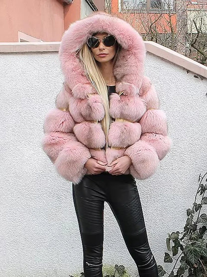 DEAT Fashion Imitation Fox Fur Grass Jacket Women's Hooded Loose Long Sleeves Patchwork Plush Thick Coat Winter New 7A975
