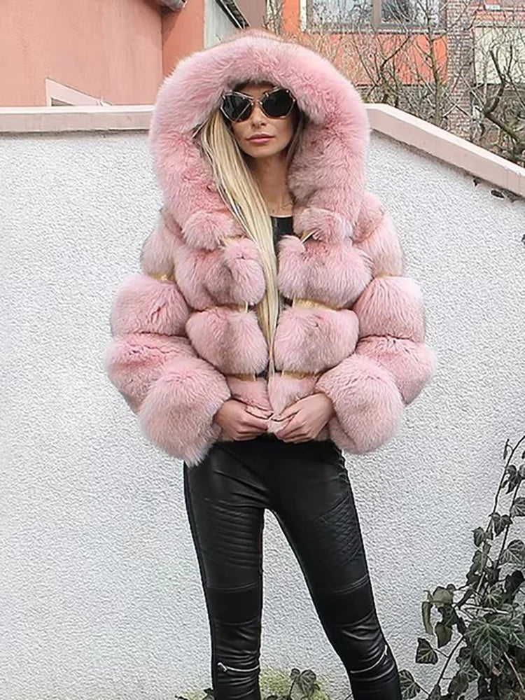 DEAT Fashion Imitation Fox Fur Grass Jacket Women's Hooded Loose Long Sleeves Patchwork Plush Thick Coat Winter New 7A975