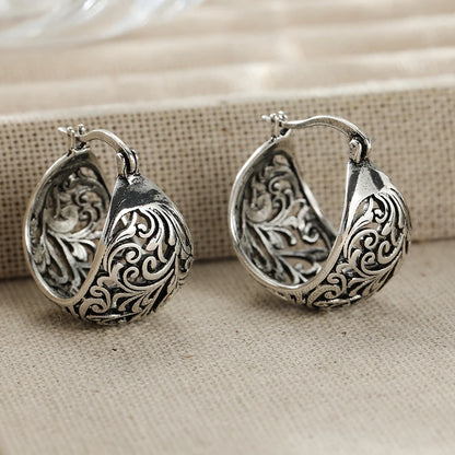 Ethnic Style Artistic Hollowed Curly Vine Silvery Hoop Earrings for Women Vintage Exquisite Banquet Vacation Jewelry Accessories