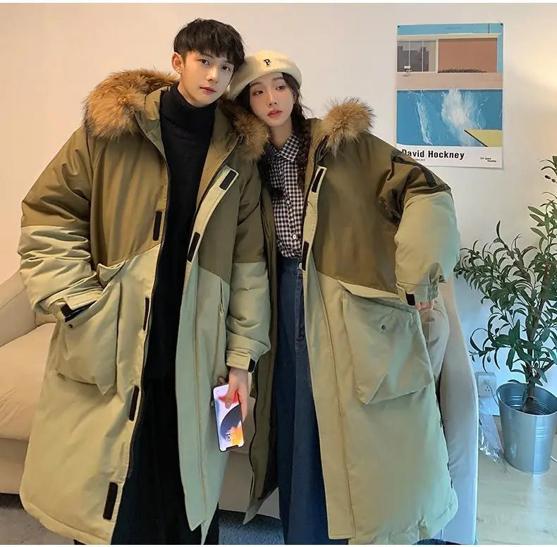Men's Parkas Hooded Down Jacket Couple Mid-length Over-the-knee Loose Animal Fur Collar Jackets Zipper Pockets Thick Tops Coat