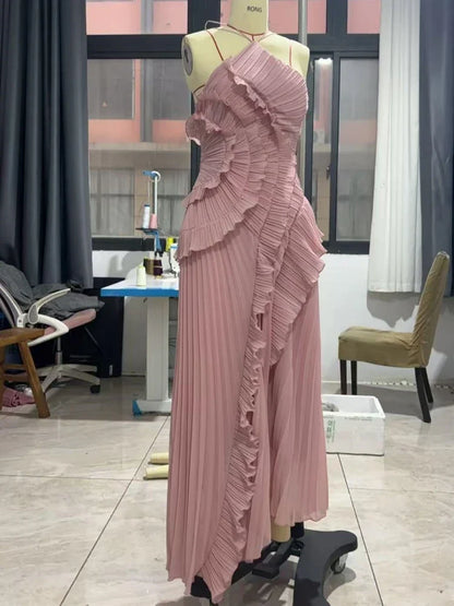 Sexy Halter Neck Pleated Ruffled Long Dress Women Pink Sleeveless Backless Lace-up Folds Slim Dresses Evening Party Gowns