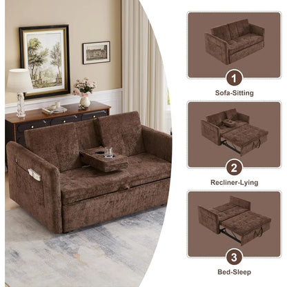 Convertible Brown Sofa Bed with Cup Holders, Pull-Out Sleeper, USB Ports for Living Rooms, Bedrooms, and RVs | Kimlud...